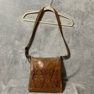 The Sak Leather Embossed Floral Crossbody Bag Tan Adjustable Strap Boho Cottage